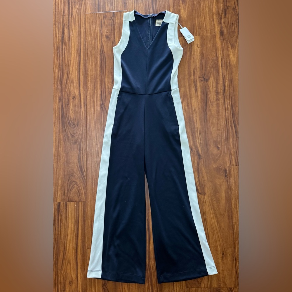 NWT TORY BURCH Navy Blue Off White Accent Sleeveless V-Neck Jumpsuit Sz XS
